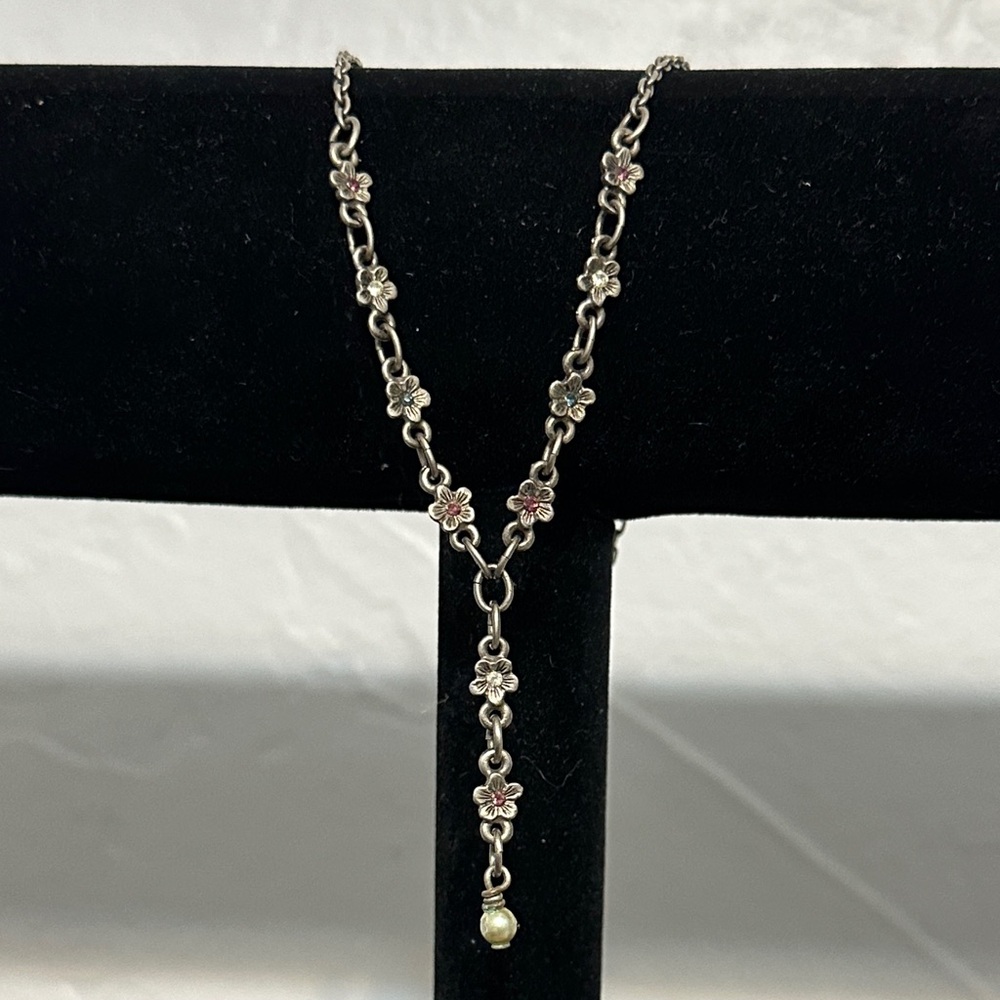 Marcy Feld Vintage flower and gem necklace. Pink blue white with pearl